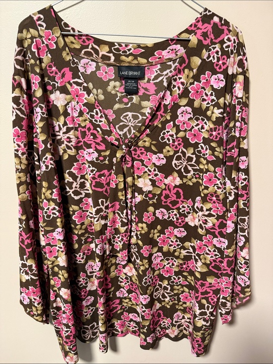Lane Bryant Tops - Lane Bryant Brown & Pink Floral Long-Sleeve Tie-Front Top